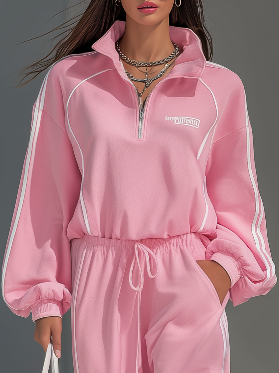 Ensemble Sportif Rétro : Sweat-shirt à Col Contrasté et Pantalon Ample