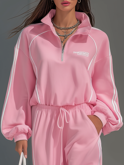 Ensemble Sportif Rétro : Sweat-shirt à Col Contrasté et Pantalon Ample