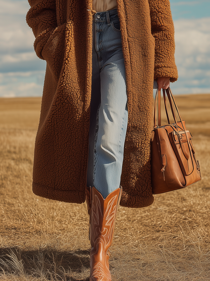 Veste Longue Oversized en Sherpa à Revers - Élégance Rétro Unie