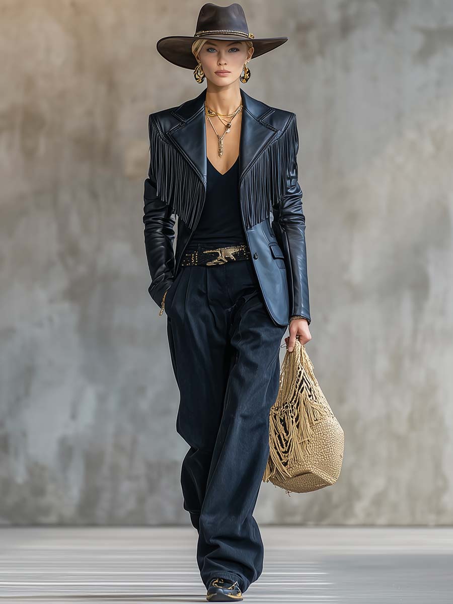 Veste en Cuir Noir avec Franges Élégantes sur Épaules et Revers Vintage