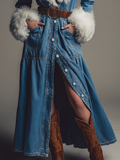 Maxi Robe en Jean Chic avec Col en Fourrure Synthétique Détachable - Style Western Élégant