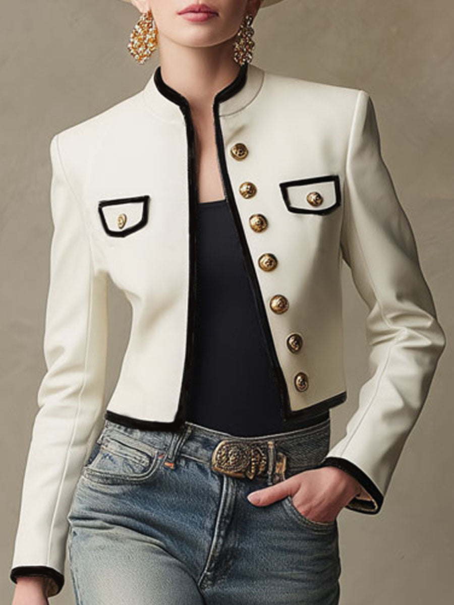 Veste en PU à Col Montant et Boutons Contrastants