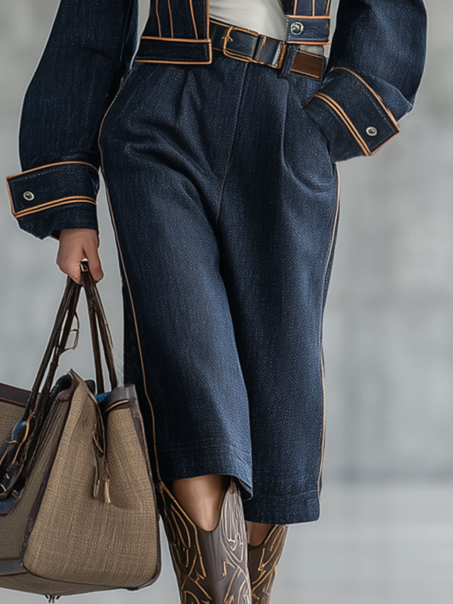 Ensemble Chic en Jean Navy avec Détails Rétro et Pantalon Court