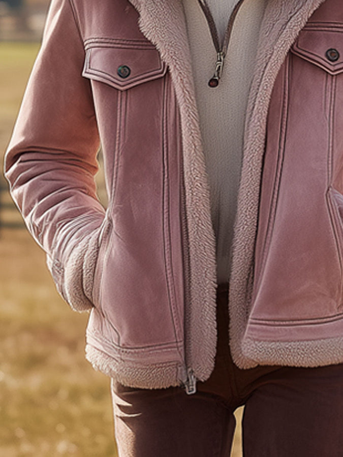 Veste à Capuche en Suédine Rose Vintage Style Western, Doublée en Fleece