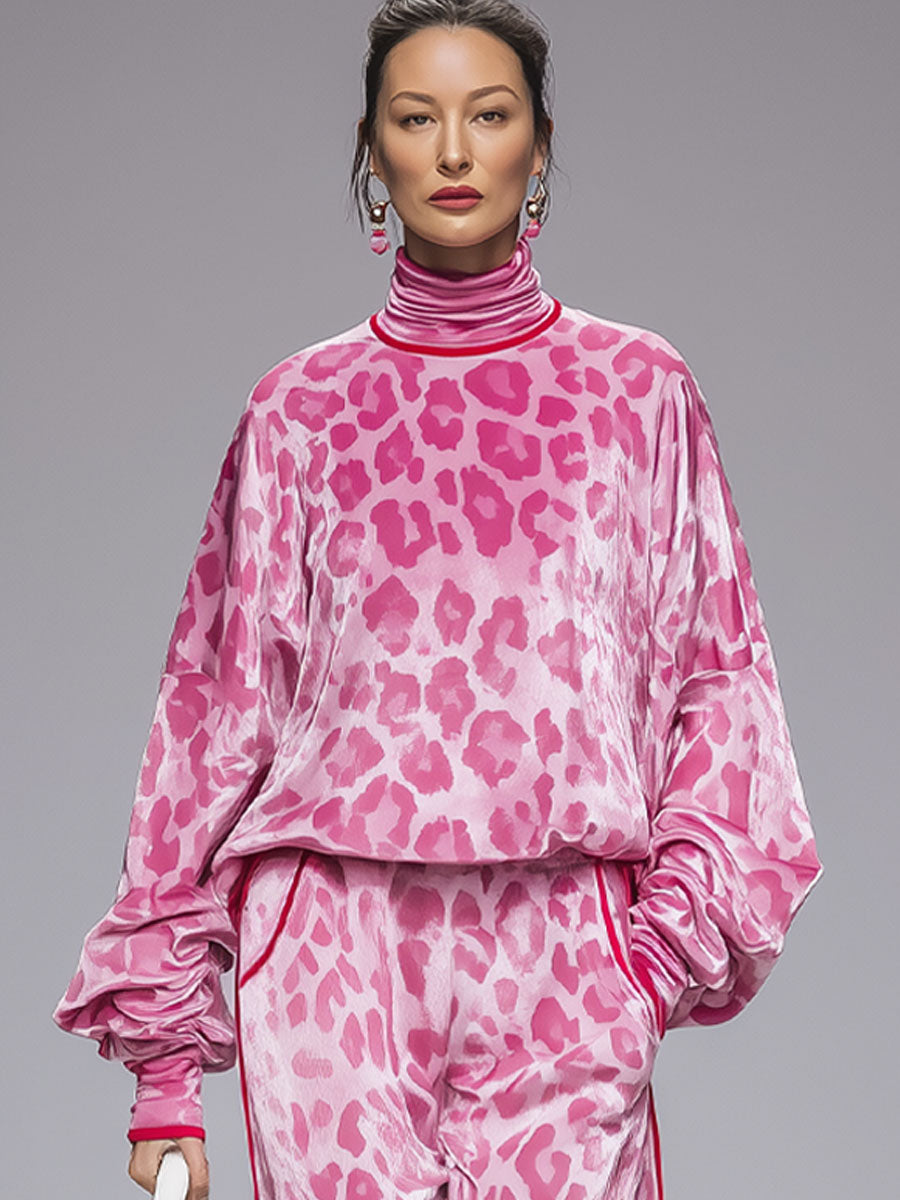 Ensemble Chic : T-shirt en Velours à Col Roulé Imprimé Léopard Rose et Pantalon Coordonné