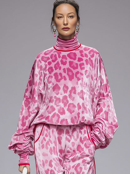 Ensemble Chic : T-shirt en Velours à Col Roulé Imprimé Léopard Rose et Pantalon Coordonné