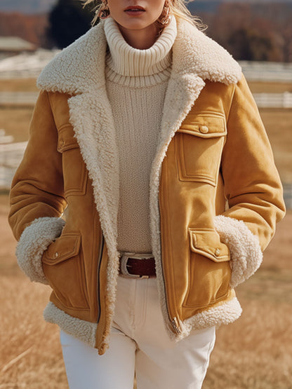 Veste Vintage Western en Suède Synthétique Jaune avec Poches Multiples et Doublure Polaire
