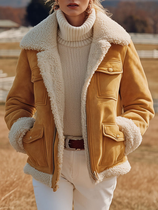 Veste Vintage Western en Suède Synthétique Jaune avec Poches Multiples et Doublure Polaire
