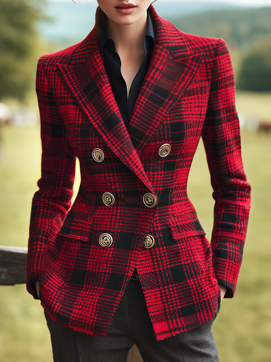 Élégant Blazer Western à Carreaux avec Double Boutonnage Rétro