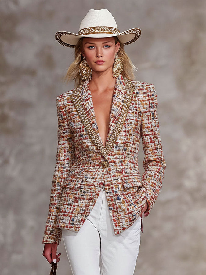 Veste en Tweed Coloré avec Revers Élégants, Détail en Ruban Contrastant et Bouton Unique