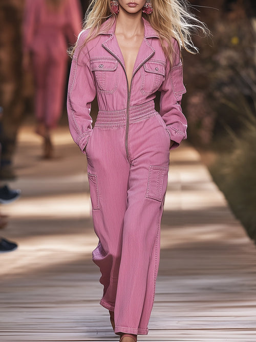 Salopette en Jean Rose Vintage à Poches Multiples et Fermeture Éclair