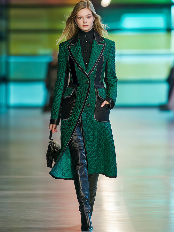 Chic Manteau Matelassé Vert Foncé avec Bord Noir