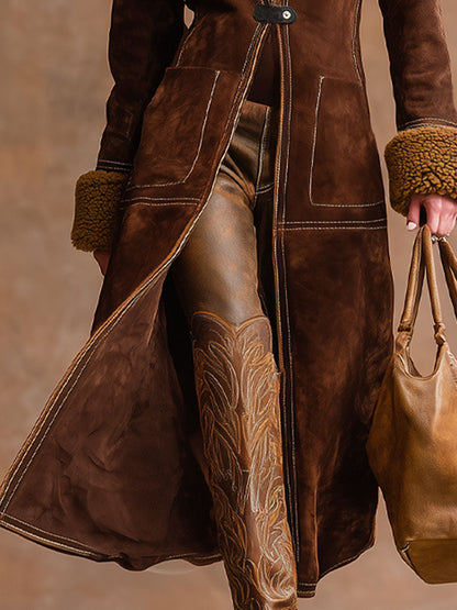 Veste en Faux Suède et Sherpa avec Poches Doubles à Rabat