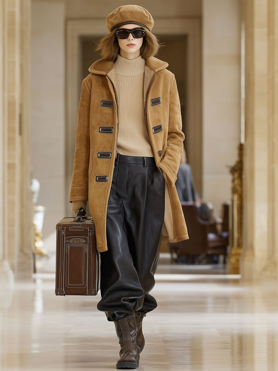 Veste en polaire kaki vintage au look suédé décontracté