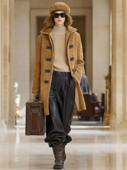 Veste en polaire kaki vintage au look suédé décontracté