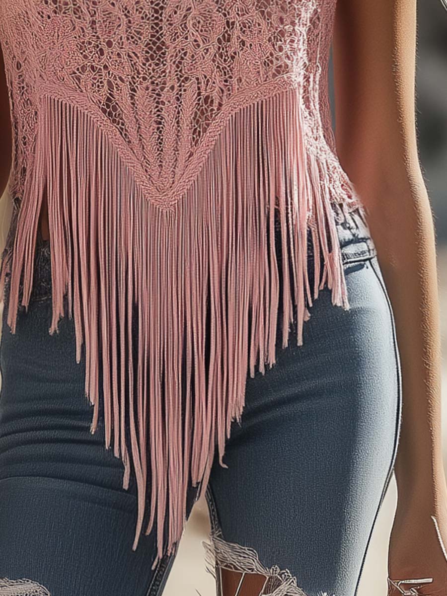 Top en Dentelle Rose à Franges - Style Rétro Western, Expédition en 24 Heures