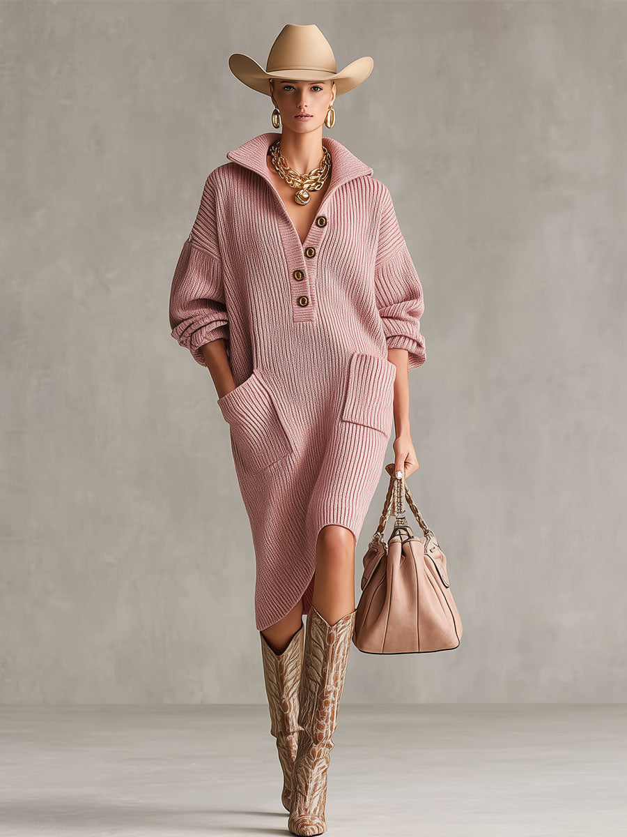 Robe Midi Tricotée à Col Montant Décontracté avec Poches Doubles