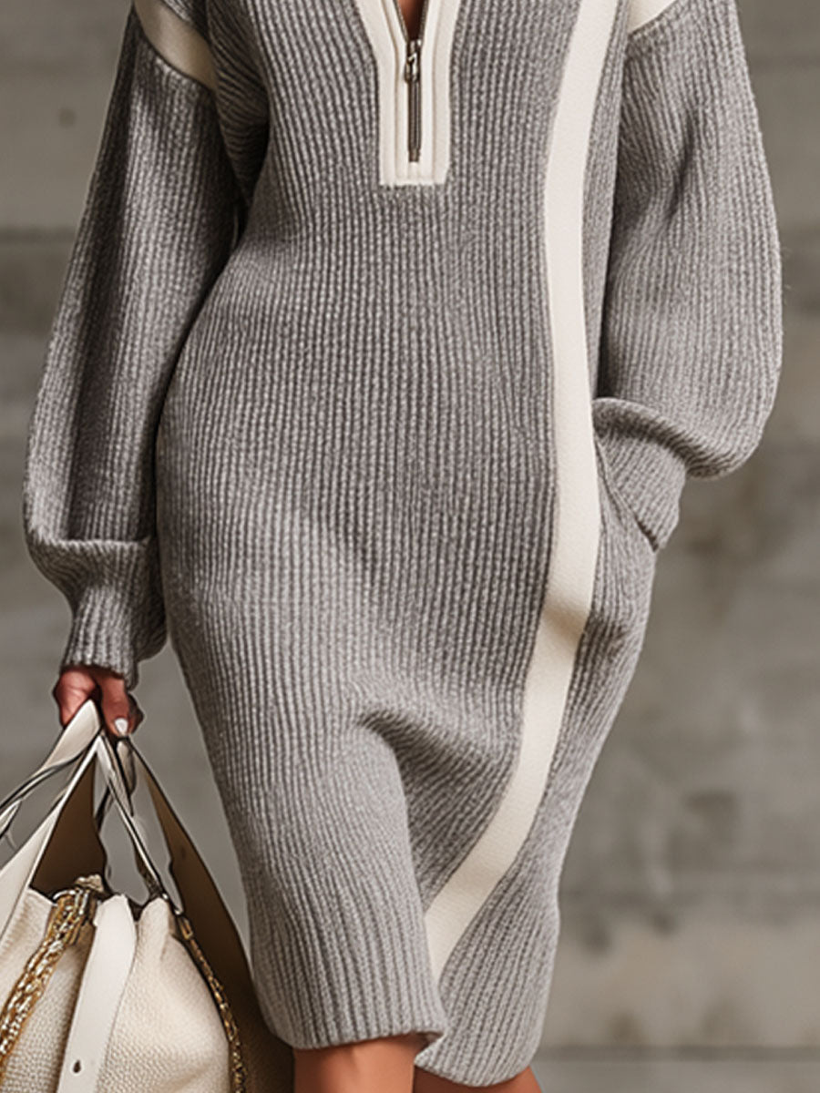 Robe Midi Tricotée avec Poches Doubles et Zip - Col Revers à Contraste Élégant