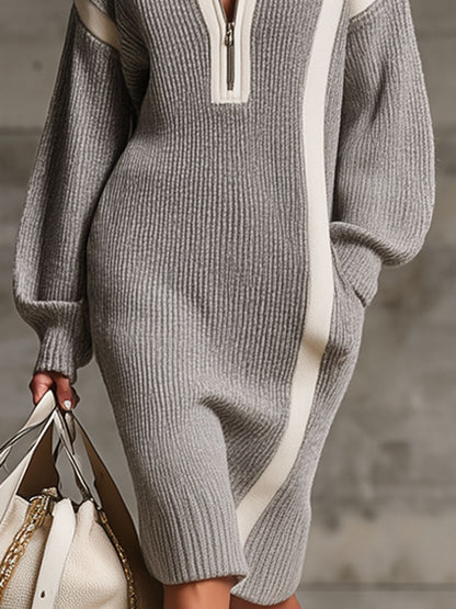 Robe Midi Tricotée avec Poches Doubles et Zip - Col Revers à Contraste Élégant