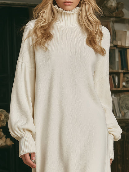 Robe Maxi Tricotée Blanche avec Élégant Col en Dentelle en Forme de Feuille de Lotus