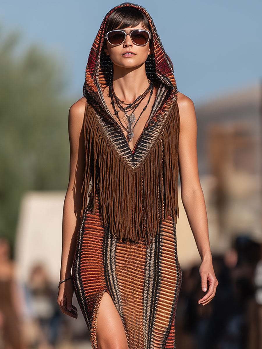 Robe Maxi Tricotée à Franges avec Capuche – Style Rétro Western, Expédition en 24 Heures