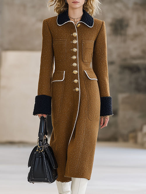 Long Manteau en Laine de Chameau avec Panneaux en Polaire Noire au Style Rétro et Ample