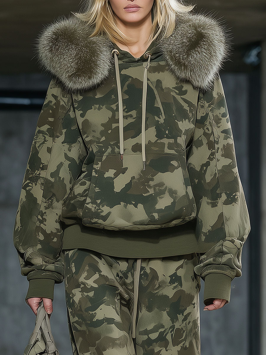 Ensemble Décontracté en Camouflage : Sweatshirt à Col en Fausse Fourrure et Pantalon Large
