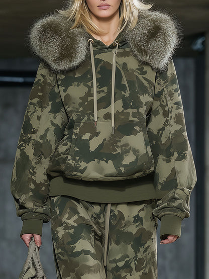 Ensemble Décontracté : Sweat à Col en Fausse Fourrure et Pantalon Large Camouflage