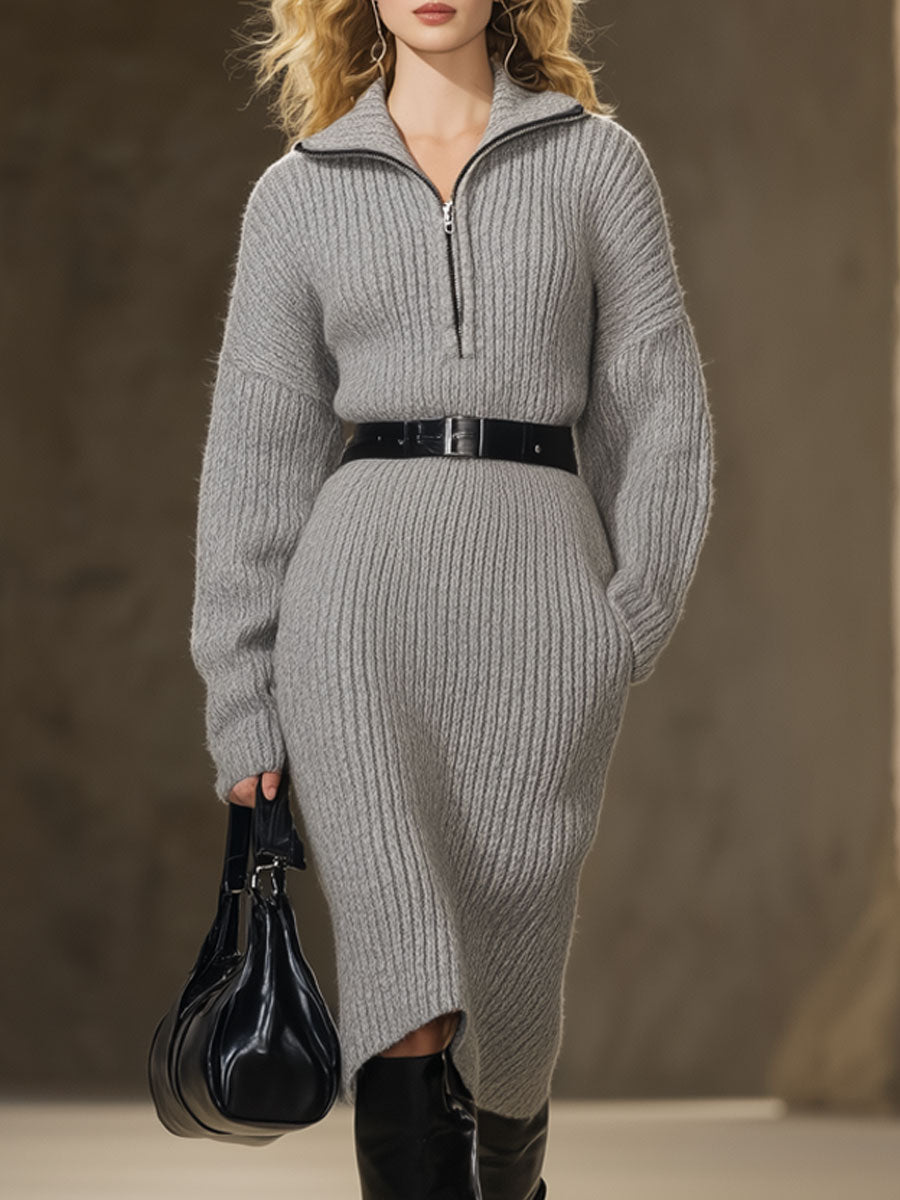 Retro-Inspired Loose Knit Midi Zip Dress in Grey