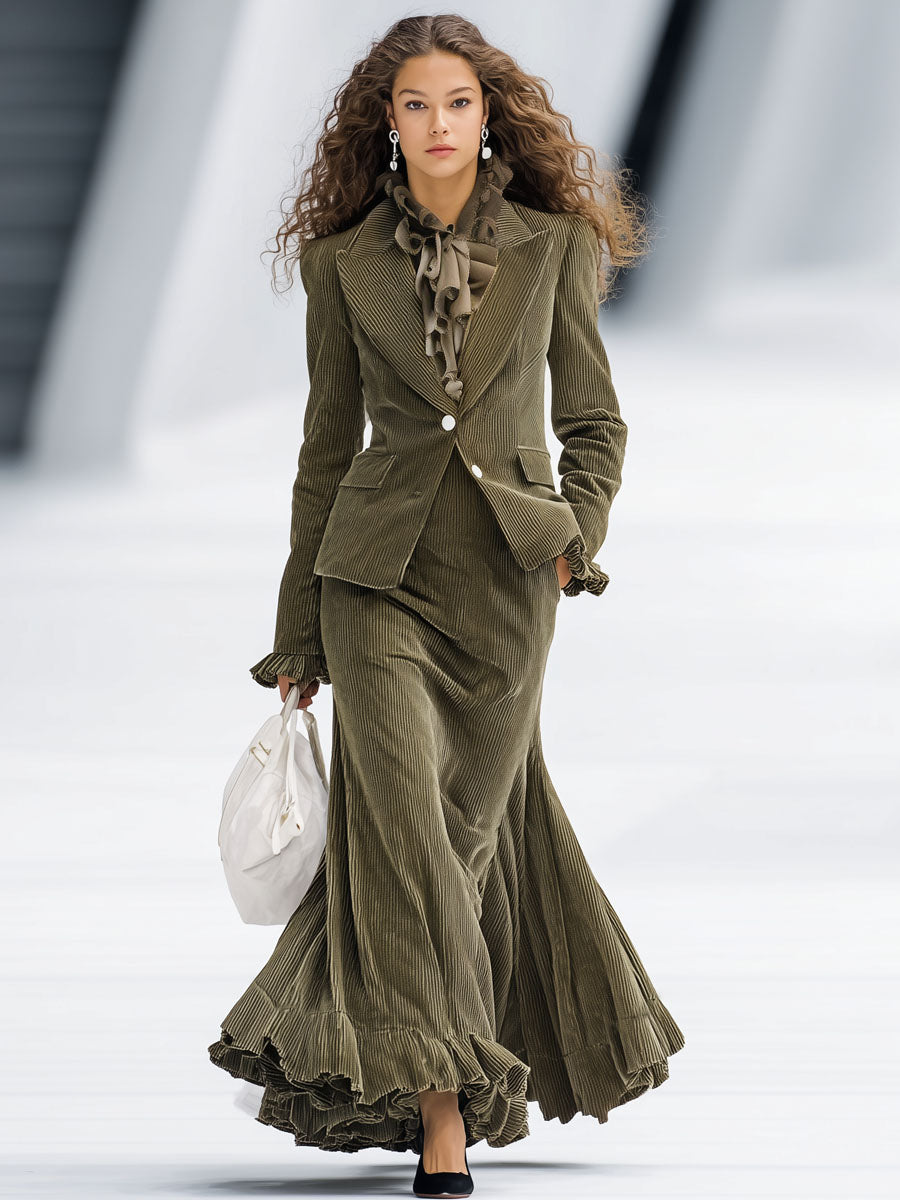 Blazer Chic avec Jupe à Revers et Manches Volantes Élégantes