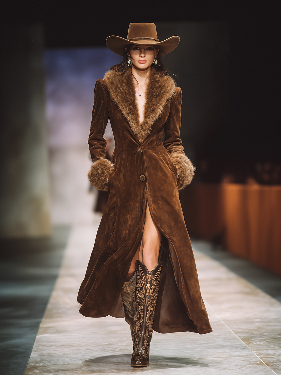 Veste en Suède au Col en Fourrure Synthétique - Élégance Vintage