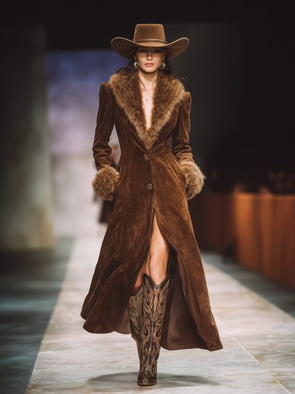 Veste en Suède au Col en Fourrure Synthétique - Élégance Vintage