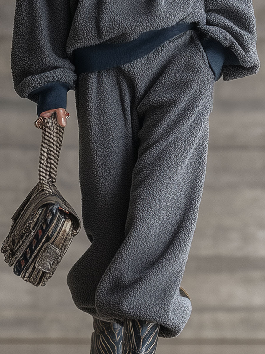 Ensemble Sportif Casual Gris en Polaire à Demi-Zip au Style Rétro