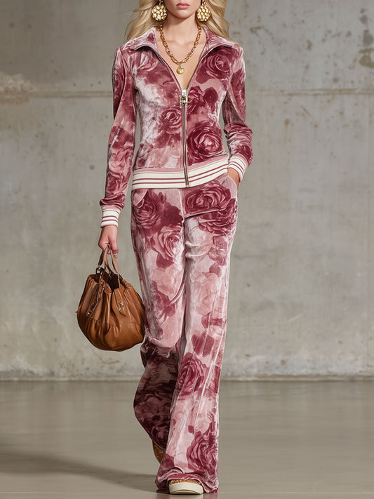 Ensemble Chic en Velours : Haut et Pantalon à Motif de Roses