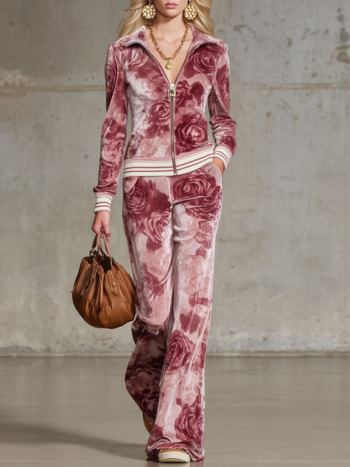 Ensemble Chic en Velours Imprimé Rose : Haut à Col Revers et Pantalon Élégant avec Fermeture Éclair
