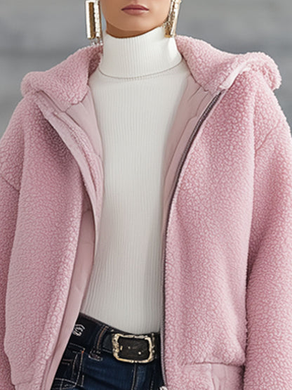 Veste Polaire Rétro à Capuche Zippée Rose
