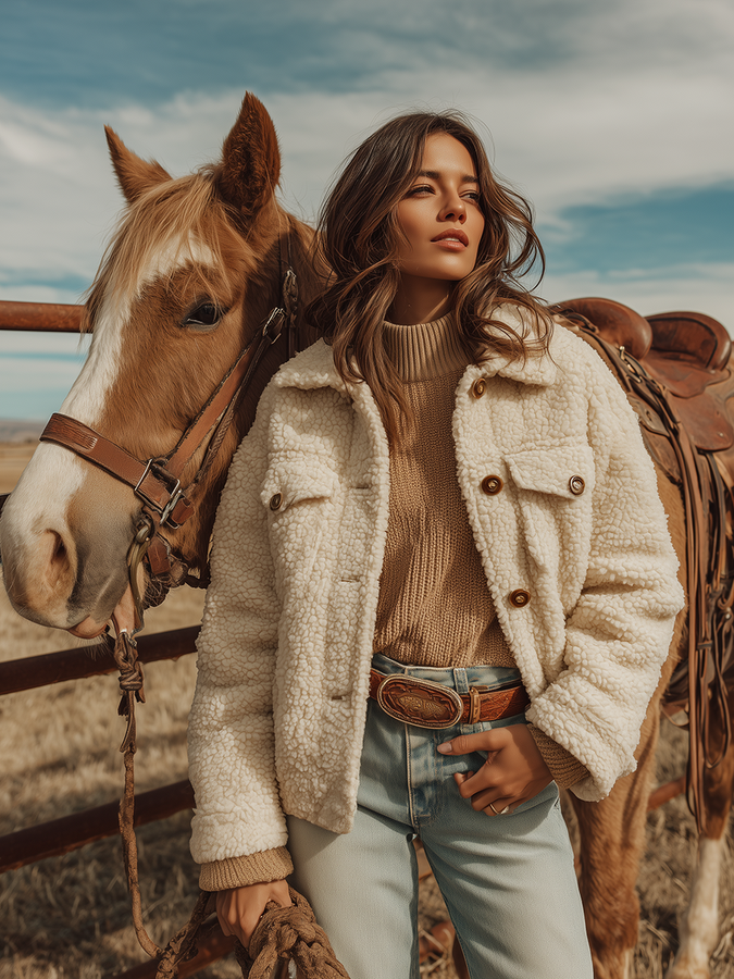 Veste courte en sherpa rétro avec revers western