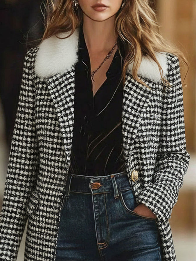 Veste mi-longue en tweed à motif pied-de-poule avec col en fourrure rétro chic