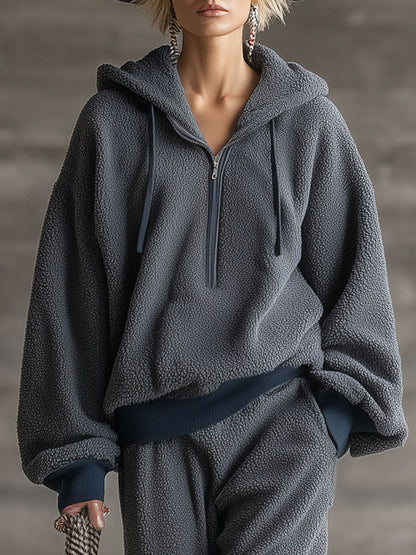 Ensemble Sportif Vintage en Polaire Grise à Demi-Zip