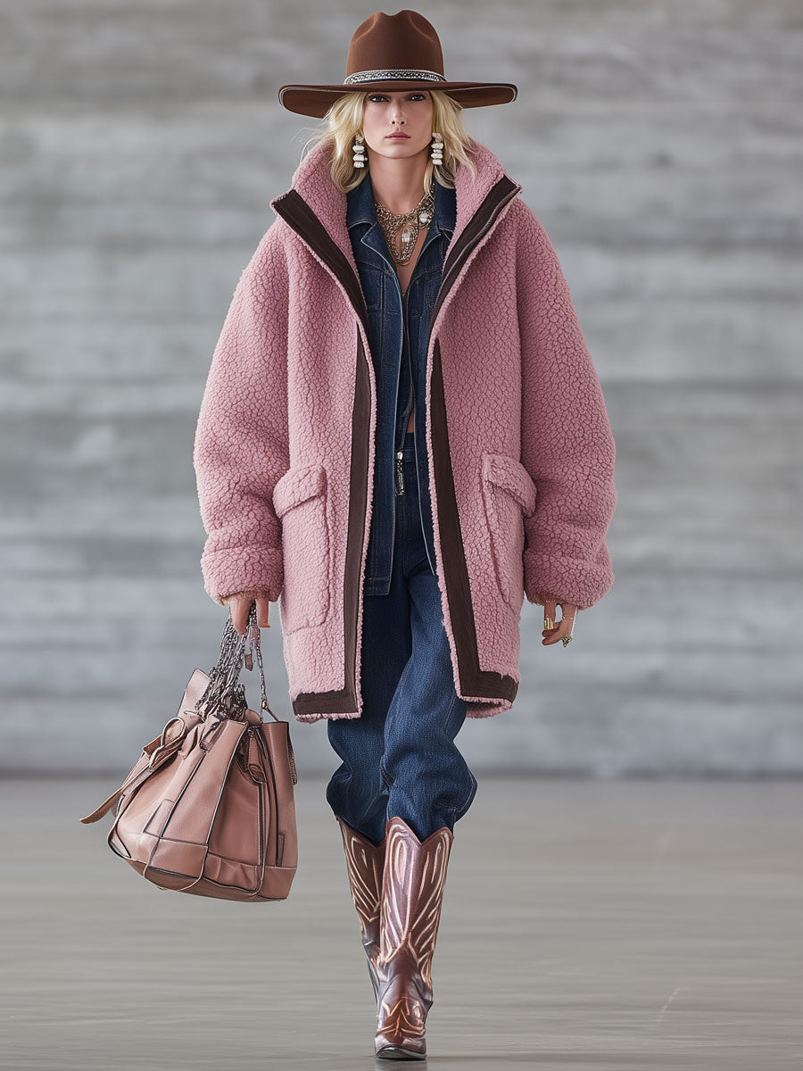 Veste en polaire rose avec accents en suède synthétique - Chic nomade urbain rétro