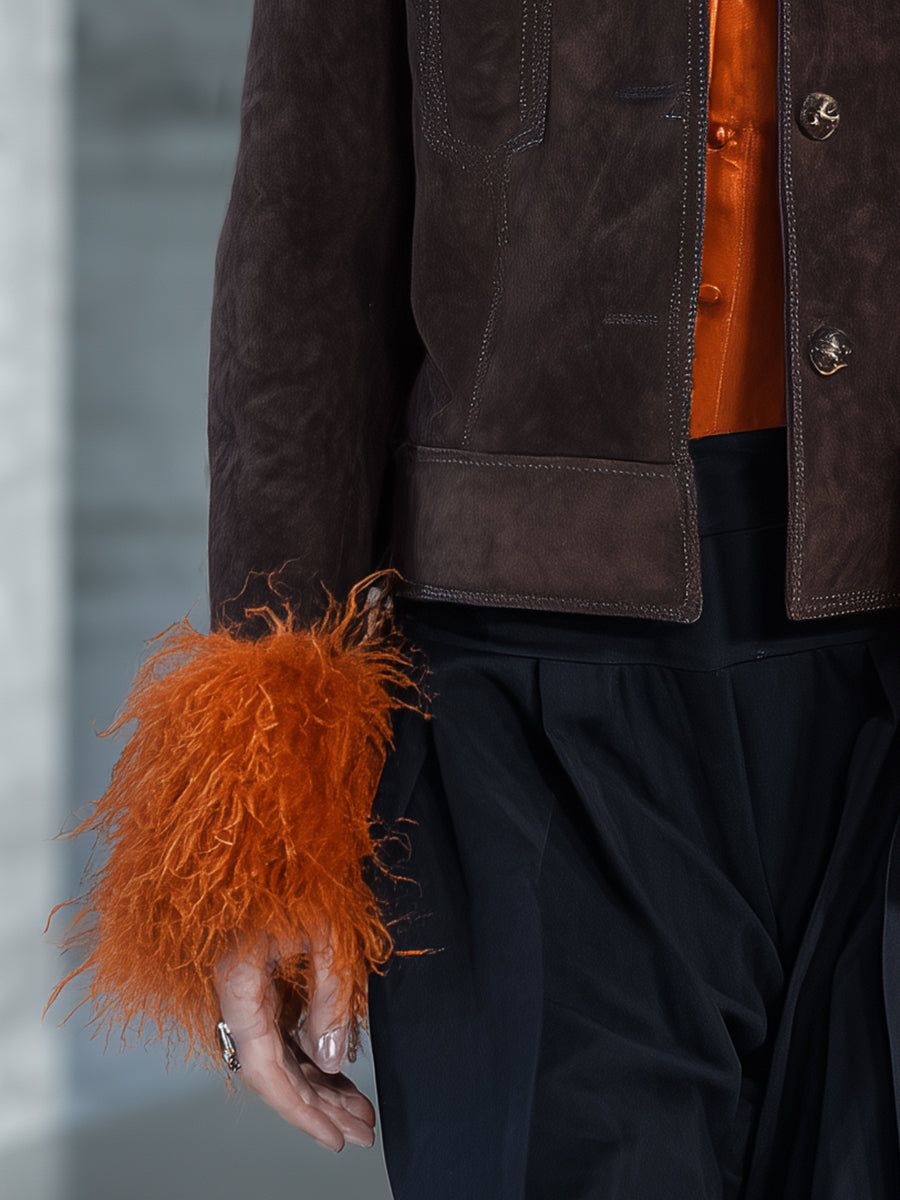 Veste en Suède Marron avec Col en Fourrure Synthétique Orange - Élégance et Style Haut de Gamme