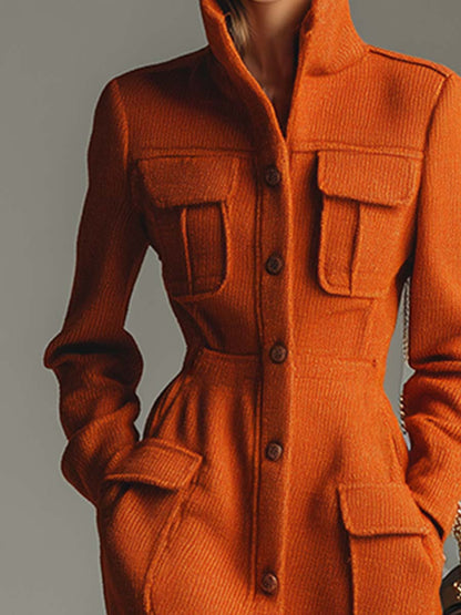 Veste Urbaine Élégante Mi-Longue à Col Montant et Poches Orange