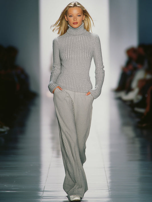 Ensemble Chic en Tricot avec Turtleneck Gris Clair et Pantalon Élégant