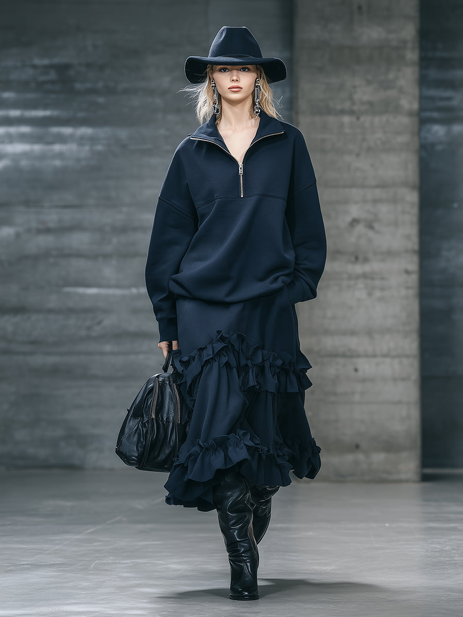 Ensemble Chic Sportif : Sweatshirt Bleu Foncé à Revers et Jupe Volante Élégante