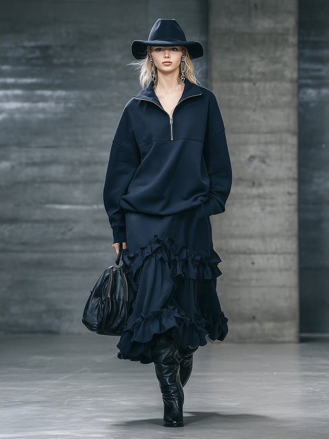 Ensemble Chic Sportif : Sweatshirt Bleu Foncé à Revers et Jupe Volante Élégante