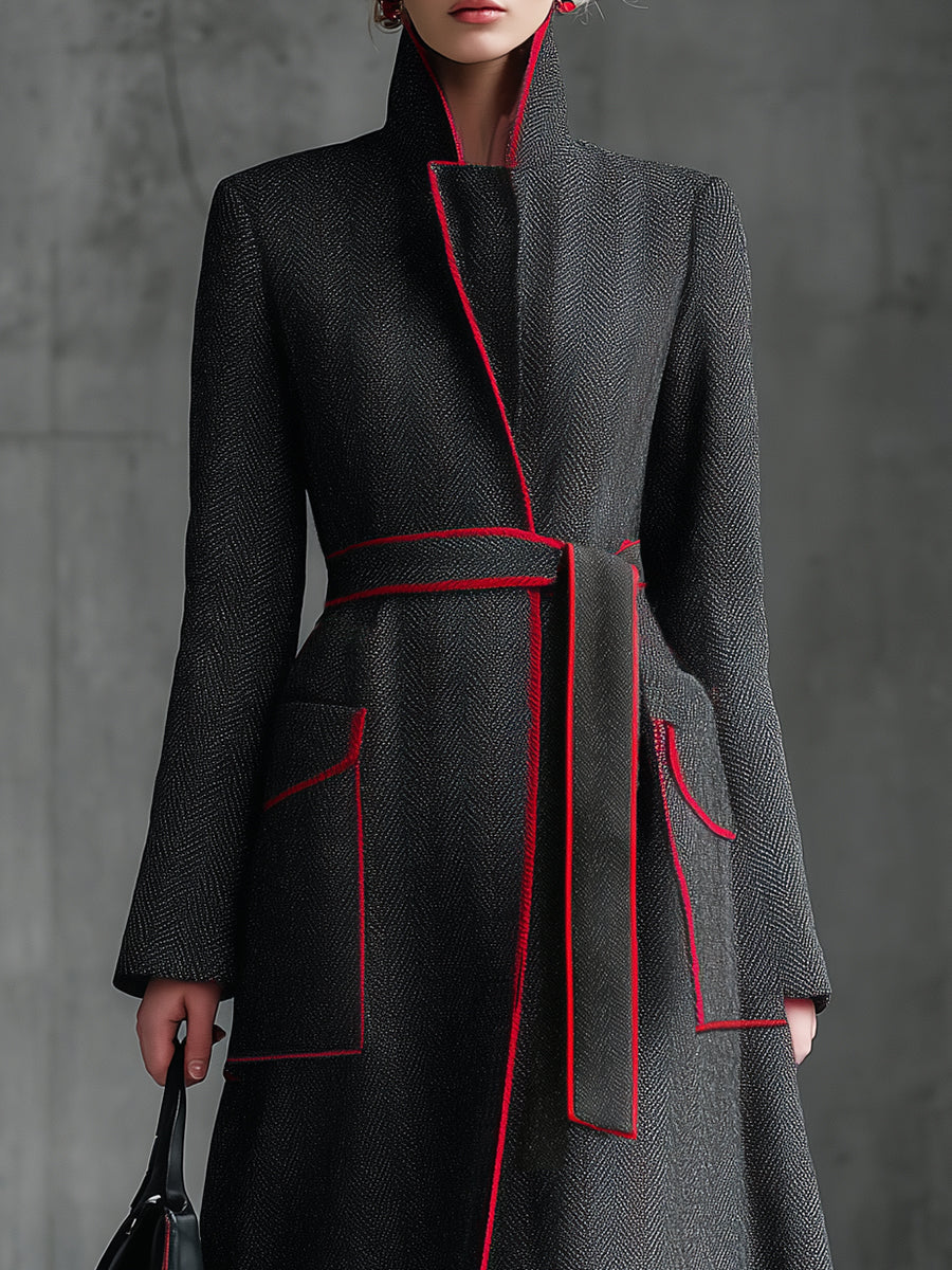 Chic Manteau en Laine Gris à Chevrons avec Détails Rouges Élégants