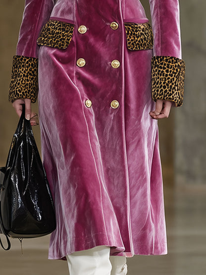 Long Velvet Coat in Vintage Brown Leopard Print with Rose Red Hue