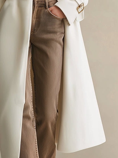 Long Crème en Laine avec Col en Fourrure Léopard : Élégance Urbaine