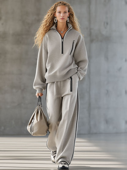 Ensemble Sportif Gris Clair avec Sweat à Demi-Fermeture Éclair et Pantalon Confort