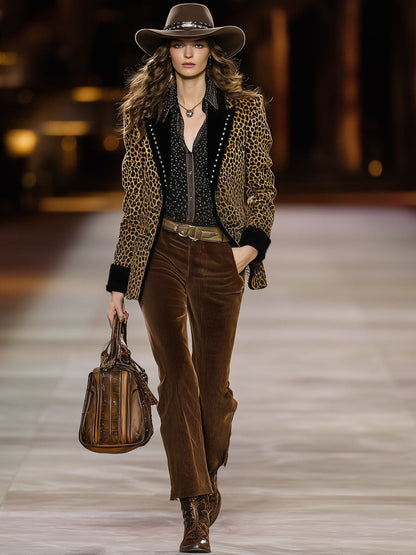Blazer Rétro en Velours Imprimé Léopard à Détails Contrastés